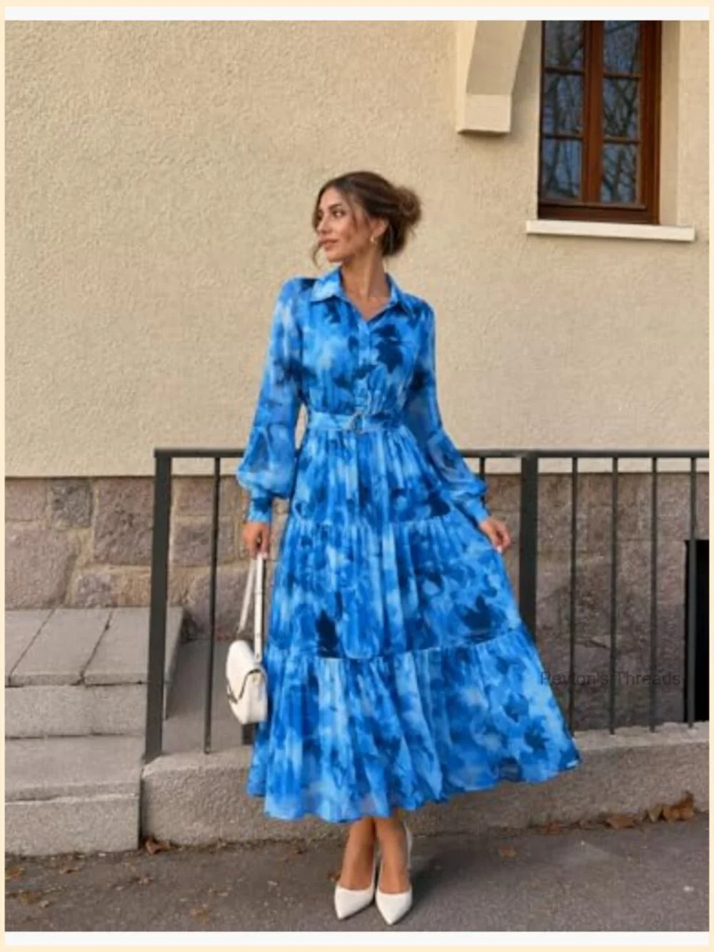 Floral Long Sleeve Maxi Dress with Belt - Picture 2 of 7